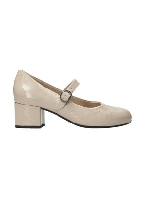Chaussure Mary Jane en cuir verni beige avec embout arrondi, bride réglable à boucle et petit talon bloc.