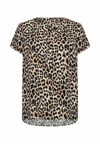 Top de manga corta con estampado de leopardo y escote redondo, con una textura suave y un dobladillo trasero ligeramente más largo. La paleta de colores incluye beige y negro.