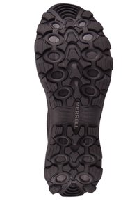Semelle en caoutchouc noir avec un motif rugueux, dotée d'un profond profil pour une meilleure adhérence et du logo "Merrell" intégré dans la semelle.