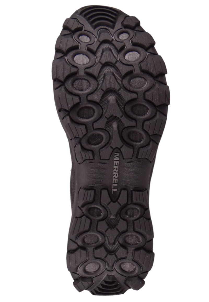 Czarna gumowa podeszwa z wytrzymałym wzorem, z głębokim bieżnikiem zapewniającym przyczepność oraz logo "Merrell" wkomponowanym w podeszwę.