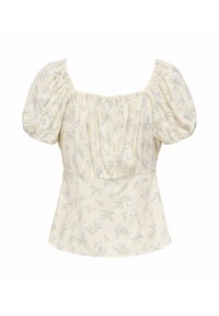 Blouse crème à manches bouffantes, encolure carrée et imprimé floral délicat bleu et vert, cintrée à la taille.