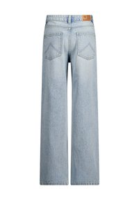 Light blue wide-leg jeans with a high waist, featuring two back pockets and visible stitching details. Textured denim fabric.