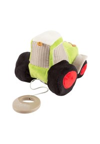 Soft plush green tractor toy with black wheels, red centers, and attached beige pull ring with string for children.