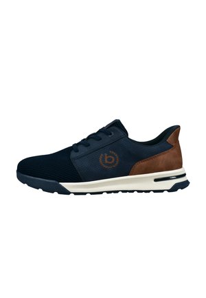 Sneaker aus navyblauem Mesh mit braunen Lederakzenten, schwarzer Gummisohle und Logodetail. Verfügt über ein Schnürdesign und einen gepolsterten Kragen.