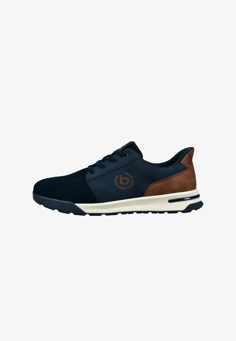 Sneaker aus navyblauem Mesh mit braunen Lederakzenten, schwarzer Gummisohle und Logodetail. Verfügt über ein Schnürdesign und einen gepolsterten Kragen.