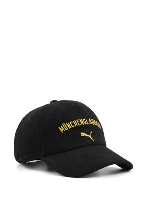Casquette de baseball en velours côtelé noire avec texte jaune "Mönchengladbach" et logo Puma brodés à l'avant.