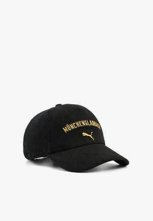Casquette de baseball en velours côtelé noire avec texte jaune "Mönchengladbach" et logo Puma brodés à l'avant.