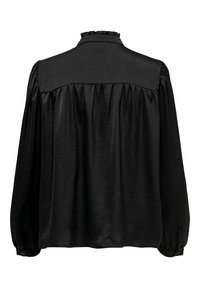Blouse noire à manches longues avec tissu froncé sous le yoke et col à volants, vue de dos sur fond blanc.