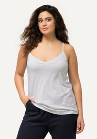 Hellgraues Tanktop mit dünnen Trägern und V-Ausschnitt, aus weichem Stoff gefertigt, mit lockerer Passform und glatter Textur.
