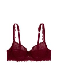 Soutien-gorge en dentelle bordeaux avec motif floral, bonnets à armatures, bretelles ajustables et bords frisottés. Présente un petit détail métallisé au centre.