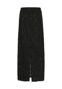 Jupe noire midi avec un motif en dentelle florale et une fente à l'avant, dotée d'une taille élastique.