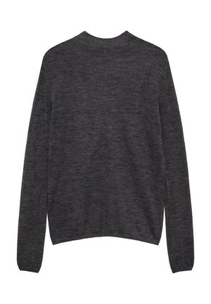 Ciemnoszary, długi sweter z dzianiny z okrągłym dekoltem, ułożony na płasko, z tyłem zwróconym do przodu.
