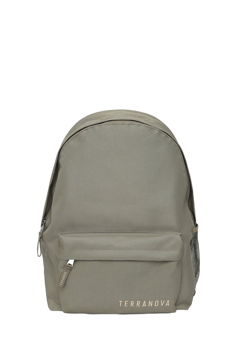 Zaino in tessuto verde con forma arrotondata, tasca frontale con zip, tasca laterale in rete e marchio "Terranova" in oro sulla parte frontale inferiore.