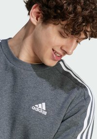 Felpa grigia con logo Adidas bianco e tre strisce bianche sulle spalle. Girocollo e tessuto texture, vista accorciata.