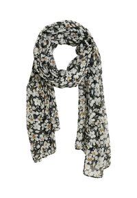 Écharpe noire légère à motif floral blanc et marron, bouclée de manière lâche avec deux longs pans pendants.