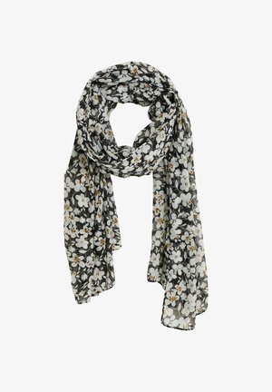 Bufanda negra ligera con un patrón floral en blanco y marrón, ligeramente enrollada con dos extremos largos colgando.