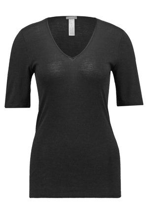 T-shirt nero a maniche corte realizzato in tessuto leggero, con scollo a V e vestibilità comoda. Senza motivi o decorazioni visibili.