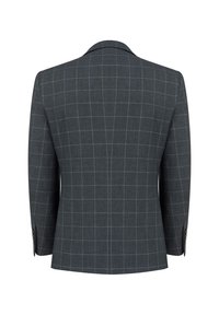 Szary marynarka w kratę o dopasowanym kroju, z zapięciem na dwa guziki, wyciętymi klapami i guziczkami na mankietach. Wykonana z teksturowanej tkaniny z białymi liniami siatki.