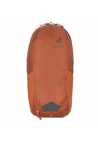 Orange backpack with a smooth texture, teardrop shape, and a gray bottom panel. Features a zip pocket and a logo on the front.