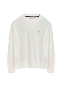 Pull-over blanc à manches longues, col rond et ourlet côtelé ; présente un petit logo brodé sur la poitrine. Texture douce.