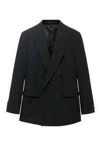 Black double-breasted blazer with peaked lapels, two front pockets, and buttoned sleeves. Finished with a smooth satin inner lining.