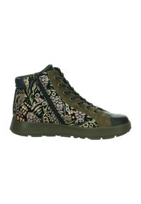Hoge schoenen met een bloemenpatroon in paars en groen op zwarte stof, met olijfkleurige suede accenten en een donkere rubberen zool.
