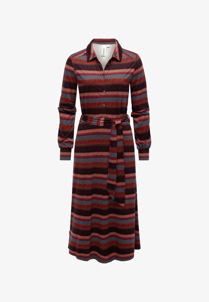Abito camicia in rosso, blu navy e grigio con un motivo a righe. Maniche lunghe, colletto e cintura annodata in vita. Tessuto dalla texture liscia.