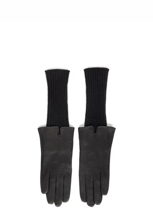 Czarne skórzane rękawiczki z prążkowanymi czarnymi mankietami. Rękawiczki mają elegancki design oraz rozcięcie w mankiecie dla ułatwienia zakładania.