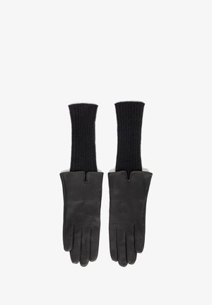 Czarne skórzane rękawiczki z prążkowanymi czarnymi mankietami. Rękawiczki mają elegancki design oraz rozcięcie w mankiecie dla ułatwienia zakładania.