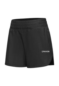 Zwarte sportshorts van lichtgewicht stof, met een elastische tailleband, zijzak en witte logo tekst "CPNHGN" op de zoom.