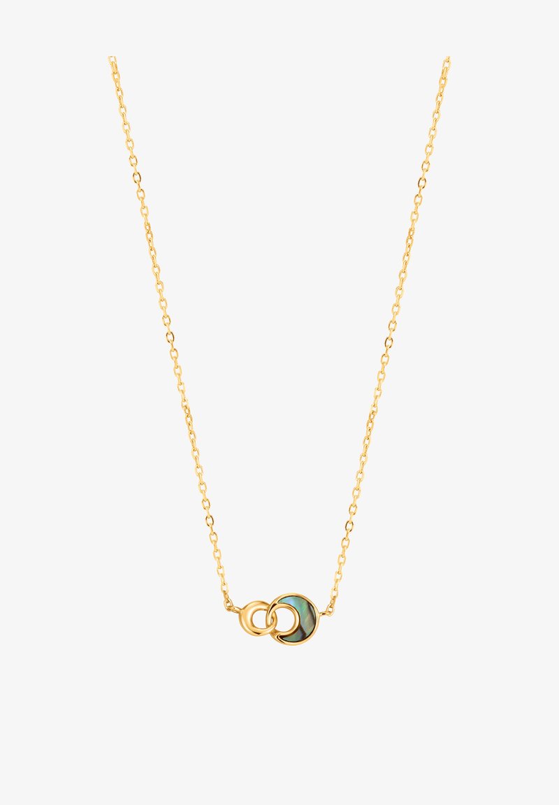 Gold-tone chain necklace featuring two interlinked circular pendants, one with an iridescent finish and the other smooth.