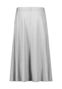 Grijze rok van gladde stof, met een hoge tailleband, plooien en een uitlopende silhouet, met een subtiele glans en verfijnde textuur.