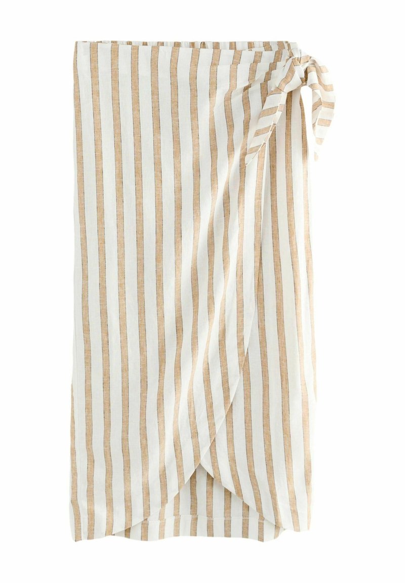Jupe portefeuille avec rayures verticales beige et blanches et fermeture par nœud sur le côté, tissu léger, coupe au genou.