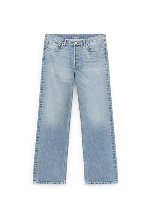Jeans azzurri a gamba dritta con lavaggio scolorito, design a cinque tasche, dettagli in metallo e chiusura con cerniera. Tessuto di denim liscio.