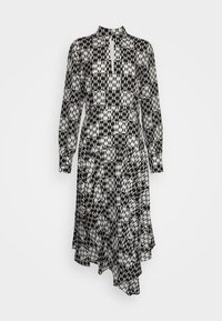 Černobílé šaty s vzorem, dlouhými rukávy, vysokým límcem a designem s vysokým a nízkým lemem. Vyrobeno z lehké, splývavé tkaniny.