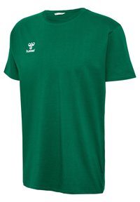 Groene katoenen t-shirt met korte mouwen, ronde hals en geborduurd logo op de linkerborst. Zachte textuur en standaard pasvorm.