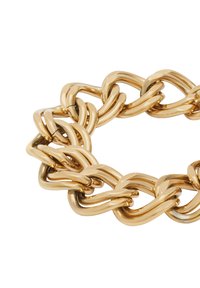 Bracciale in metallo dorato con maglie intrecciate; superficie liscia e lucida; forme arrotondate; design minimalista.