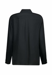 Zwarte lange mouwen shirt met een relaxte pasvorm, voorzien van een kraag, knopenmanchetten en plooidetailing op de achterkant. Gladde stofstructuur.