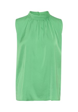 Without sleeves, žalia bluzonė, pagaminta iš lygaus audinio, su aukštu apykakle ir surinktomis klostėmis aplink dekoltė kaip papildomu akcentu.