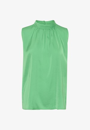 Blusa verde senza maniche realizzata in tessuto morbido, caratterizzata da un colletto alto e pieghe arricciate sullo scollo per un tocco di dettaglio in più.