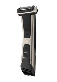 Rasoir électrique avec un corps en acier inoxydable et des accents en caoutchouc noir. Présente un motif en grille sur la tête et un guide de longueur ajustable.