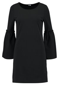 Black dress with long, bell-shaped sleeves. Made of soft fabric, features a round neckline and gathered accents on sleeves. Simple design.