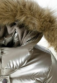 Veste matelassée argent métallique avec une capuche bordée de fourrure. Doublure intérieure beige douce, texture matelassée et détails avec des boutons-pression à l'avant.