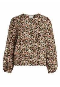 Blommig blus med en mörkgrön bakgrund och rosa och vita blommor, rund halsringning och knäppning fram. Långa ärmar med rynkade manschetter.