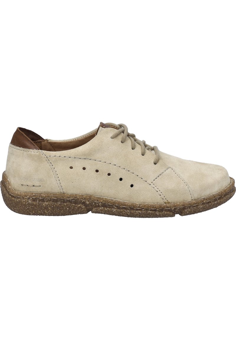 Béžové nubukové šněrovací boty s hnědým koženým akcentem, kulatou špičkou a perforovanými bočními stranami. Mají texturovanou hnědou gumovou podrážku.