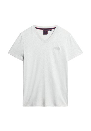 Lichtgrijze v-hals t-shirt van zachte katoen, met korte mouwen en een klein logo op de borst. Eenvoudig, casual ontwerp.