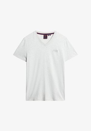 T-shirt grigio chiaro a scollo a V realizzato in cotone morbido, con maniche corte e un piccolo logo sul petto. Design semplice e informale.