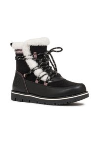 Bottes d'hiver noires et grises avec un dessus texturé, doublure en fausse fourrure blanche et accents roses. Elles disposent d'un devant à lacets et d'une semelle à solide adhérence.