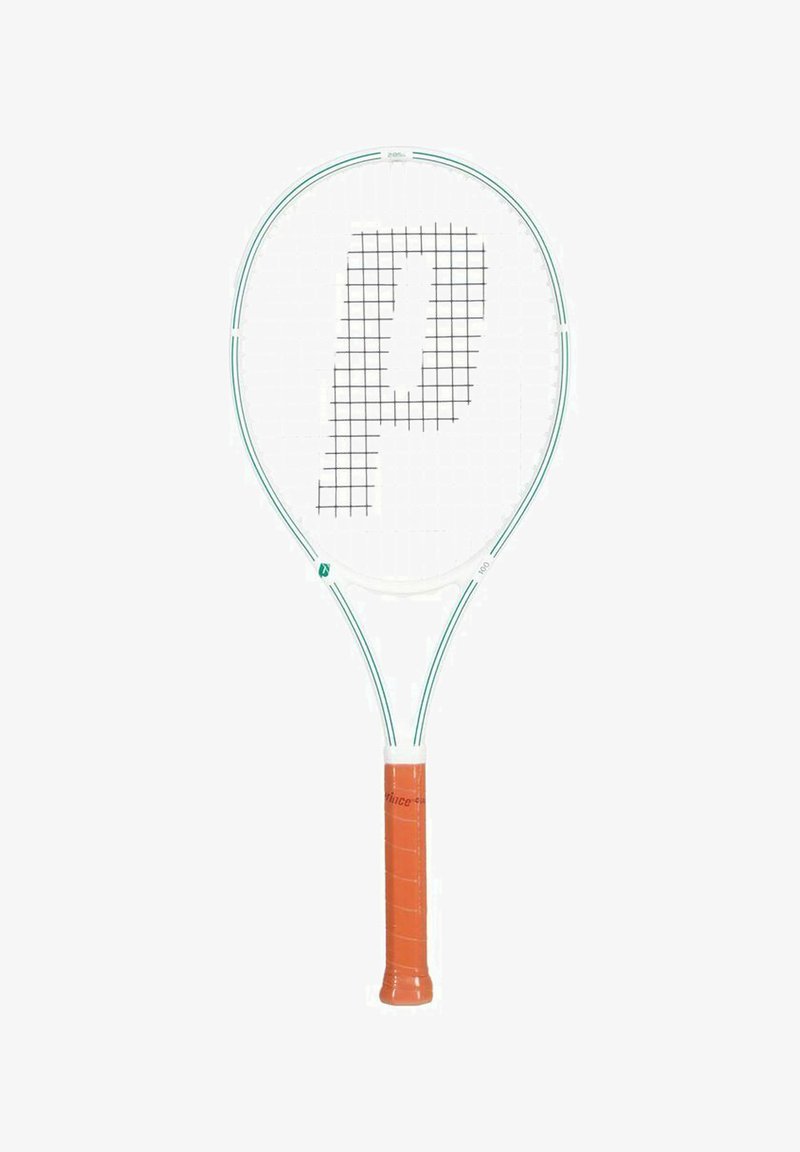 Raqueta de tenis con una cabeza redonda blanca, acentos en color teal y un agarre texturizado naranja. Presenta un patrón de cuadrícula con un destacado logo de "P".