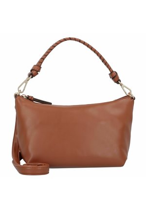Sac à main en cuir marron avec une sangle tissée, finition lisse, forme rectangulaire et une bandoulière amovible. Accents en métal doré visibles.